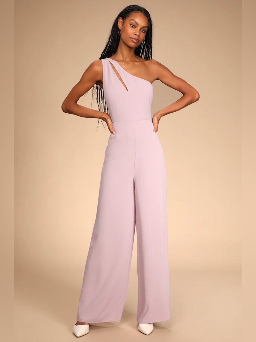 NWT $74 Lulus Sights On Me One-Shoulder Cutout Wide-Leg Jumpsuit‎ Lilac Large